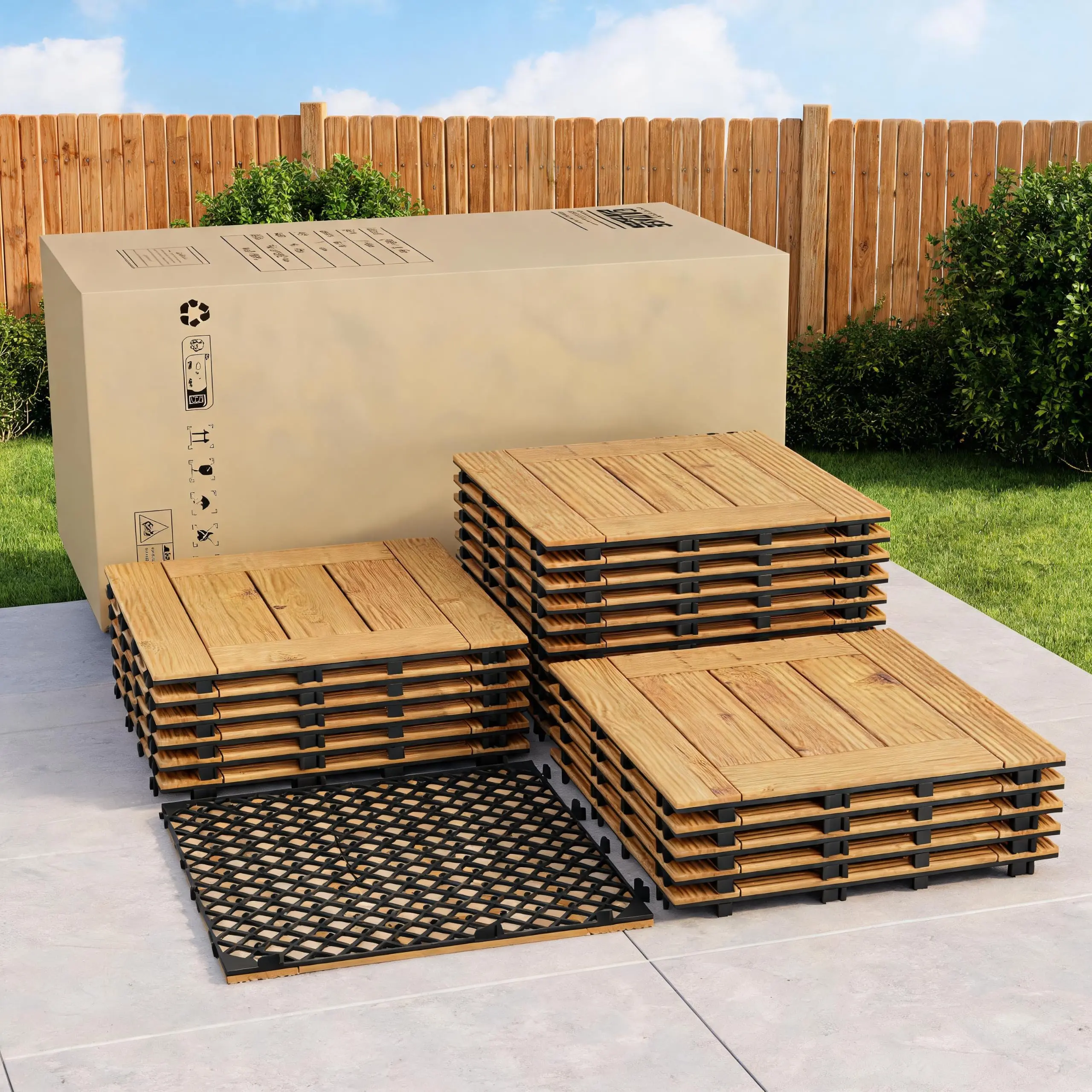 GAOMON Durable Acacia Wood Deck and Terrace Tiles in Multiple Sizes and Finishes, Waterproof, Slip-Resistant, Easy to Install for Balcony, Garden, Pool, Indoor Use, Available in Natural and Yellow Painted Colors, Sets of 22 to 33 Pieces