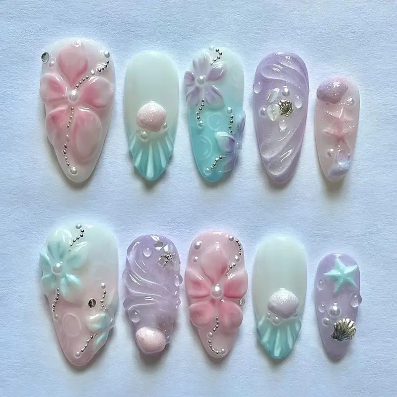 Medium-long almond-shaped gradient macaron press-on nails, 3D embossed seashell, starfish, and pearl wave design false nails, Handmade nail art, summer vacation detachable nail tips, handmade fresh style complete manicure set, including jelly glue