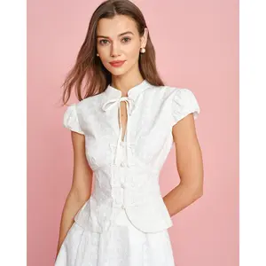 White Mandarin Collar Embroidery Blouse