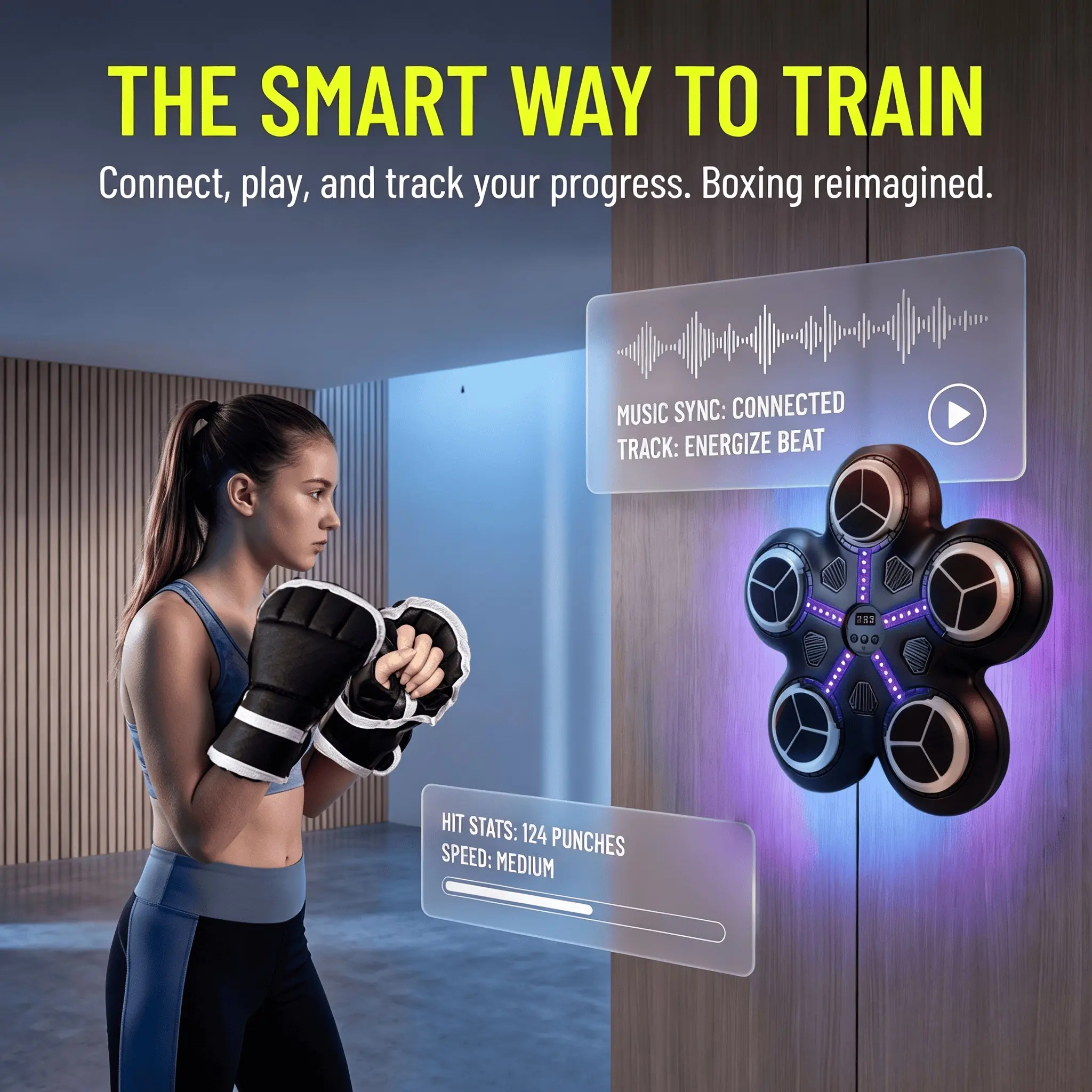 Smart Punching Bag Machine, Hanging Countable Reaction Fast Sandbag, Kids & Adults Universal, Home Gym, Includes Charging Cable & Gloves