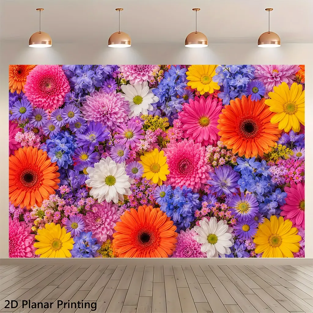 2D Flat Colorful Flower Banner | Single-Sided Polyester | Metal Grommets for Easy Hanging | Vibrant Floral Garden Backdrop, Spring Party Decor, Wedding, Birthday, Photo Booth, Home & Outdoor Wall Decoration