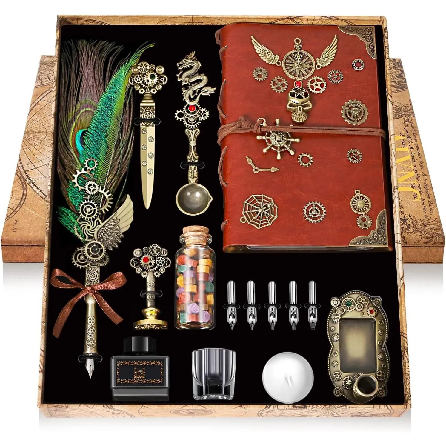 Peacock Quill Pen and Ink Set with Notebook & Wax Seal Kit - Calligraphy Writing Tool for Writing Lovers, Gift Lovers - Ideal Valentine's Day, Birthday Holiday Gifts