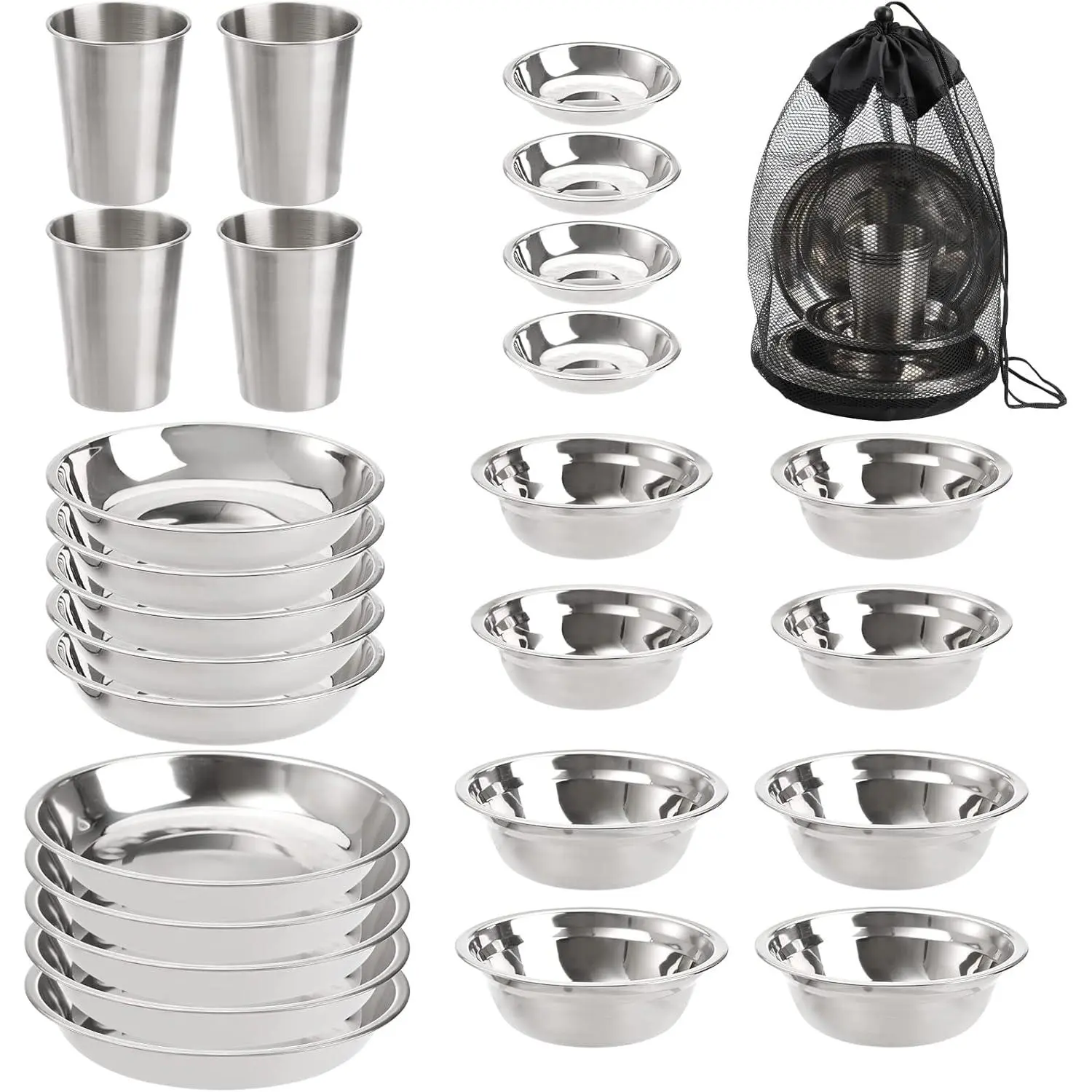 Set of  Steel Camping Plates and Bowls, Camping Mess Kits Camping Dish Set Tableware Includes Plates, Bowl, Cups, Stainless Steel Dinnerware for Camping, Hiking, Travel, Picnic