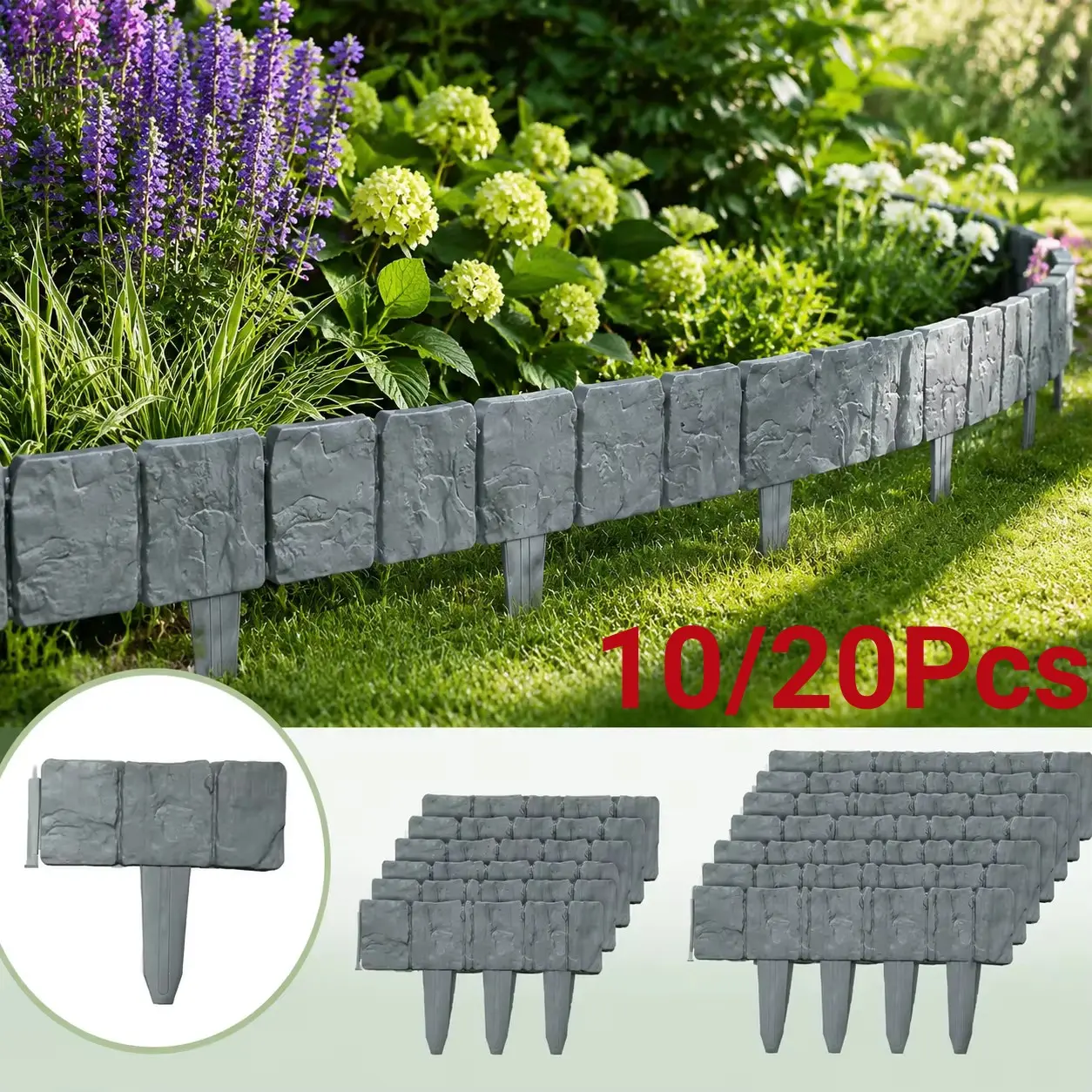 20/10 piece plastic fence, garden fence, outdoor foldable splicing imitation stone fence, suitable for courtyard lawn villa decoration, splicing fence