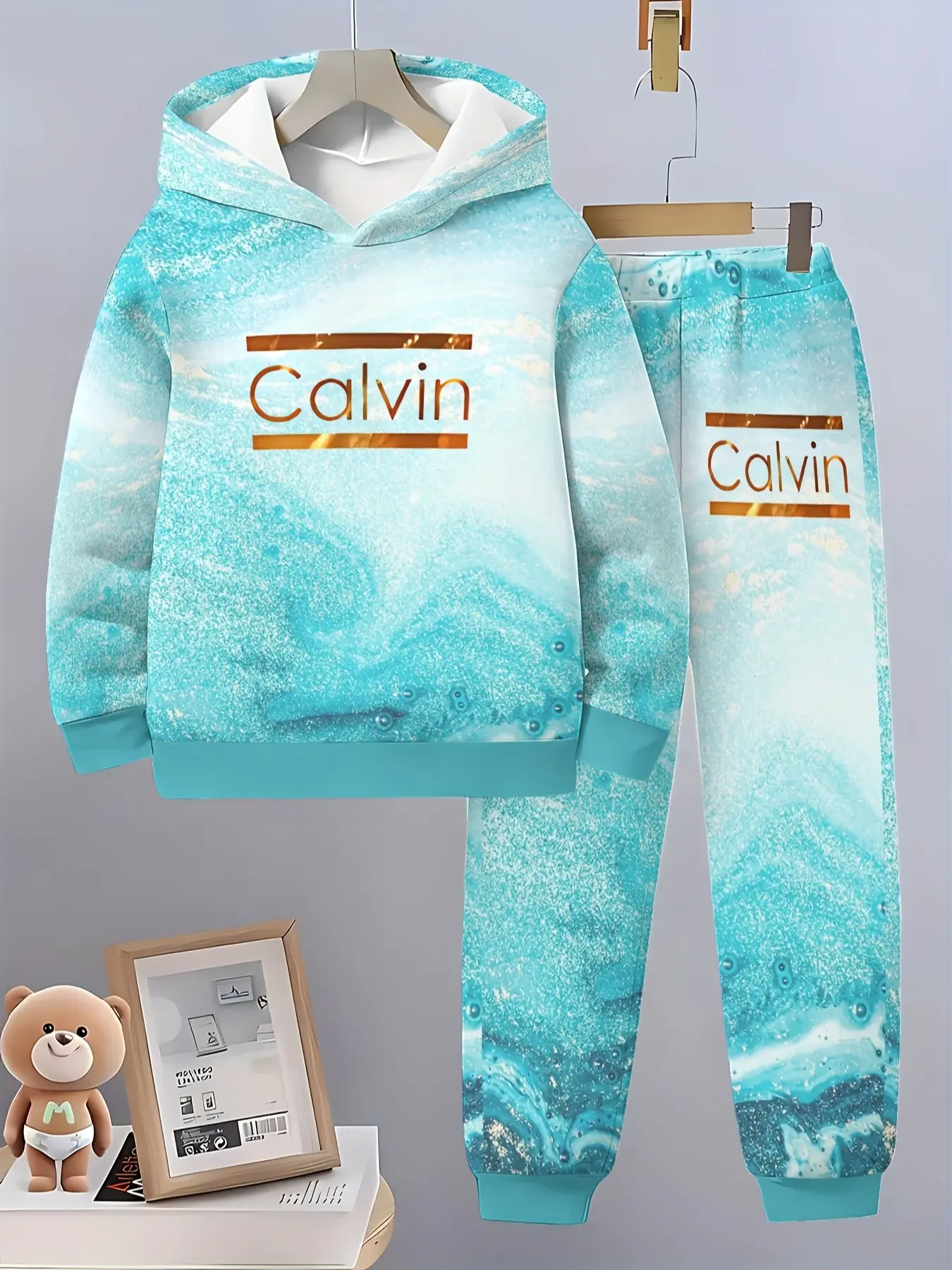 Boys' Hooded Sweatshirt Set, Spring & Fall New Arrival, Colorblock Print Two-Piece, Casual Sports Long Pants, Fitted Style