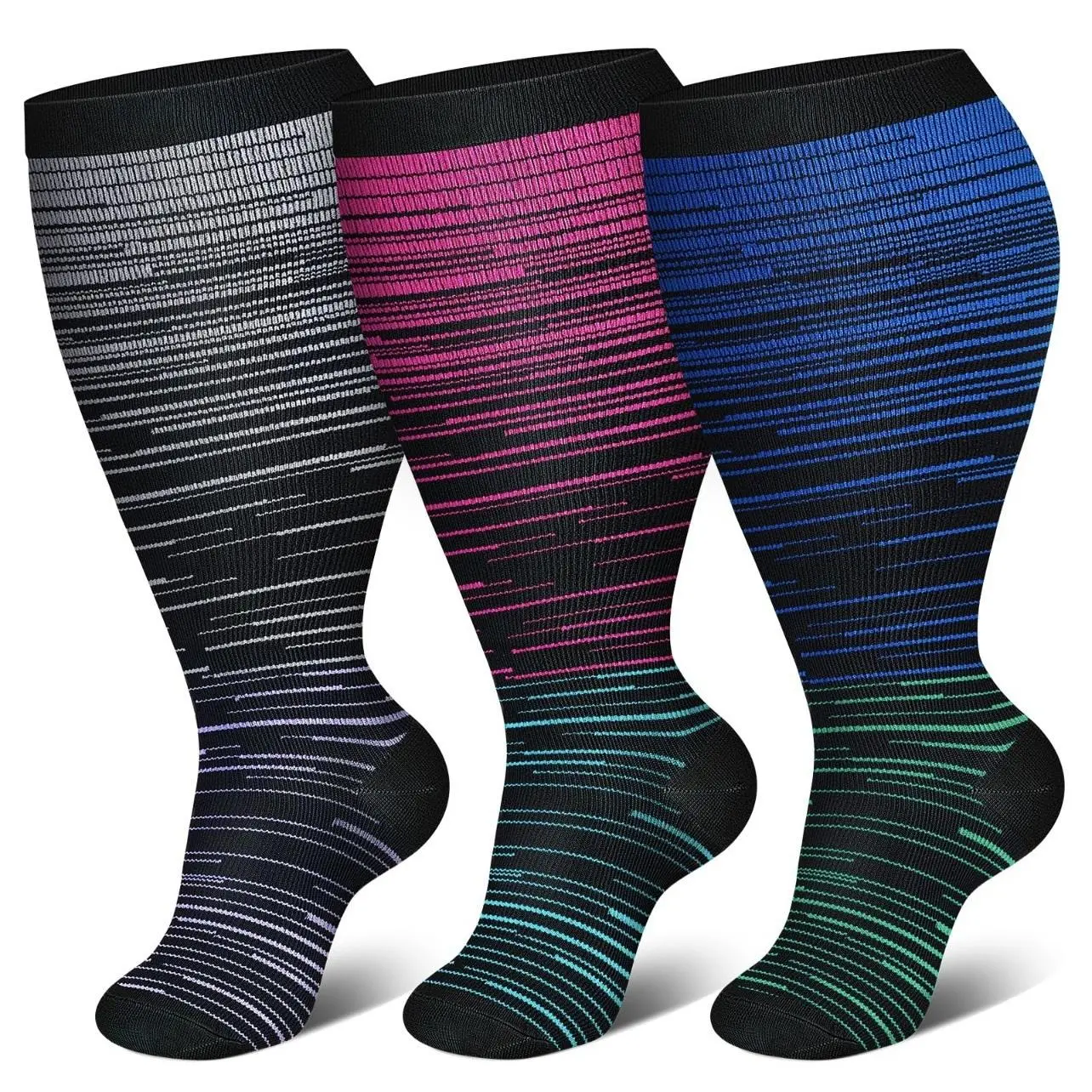 Women's Plus Size 3-Pair Nylon Blend Loose Fit Multi-Pattern Compression Tubesocks - Breathable, Lightweight, Quick-Dry, Moisture-Wicking All-Season Socks for Running, Yoga & Daily Wear