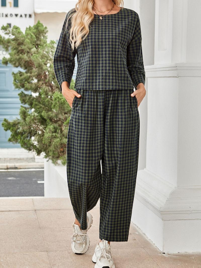 Women's Fall Casual Plaid Print Set, Loose Fit Long Sleeve Top & Elastic Waist Wide Leg Pants Two-Piece for Home Wear, Clothes