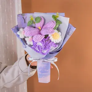 Handmade Crochet Flower Bouquet for Mom, Lily Carnations Knitted Floral Gift, Birthday Graduation Anniversary Home Decor Present