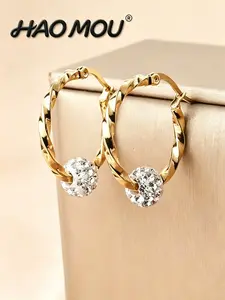 New Simple Rhinestone Ball Stainless Steel Hoop Earrings, Versatile Elegant Twisted Braided Ear Rings, All Seasons Casual Style