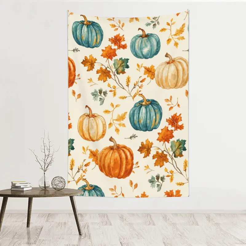Autumn Pumpkin Leaves Tapestry, Blue Orange Fall Harvest Wall Hanging for Bedroom Living Room Dorm Office Decor, Peach Skin Fabric, Multiple Sizes Available