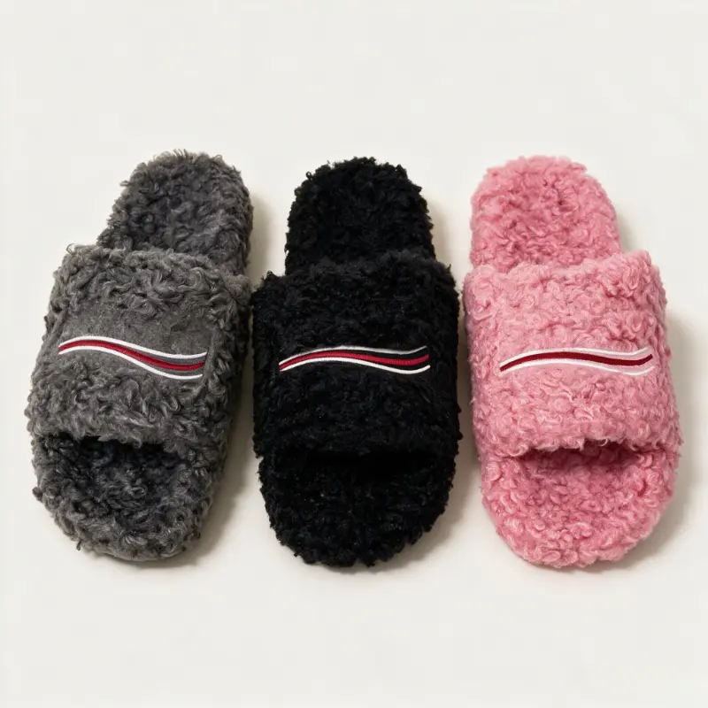 Unisex Open Toe Curly Fuzzy Slide Slippers Striped Strap Decor Soft Plush House Slides Anti Slip Warm Cozy Indoor Footwear Casual Bedroom Lounge Slippers for Men Women