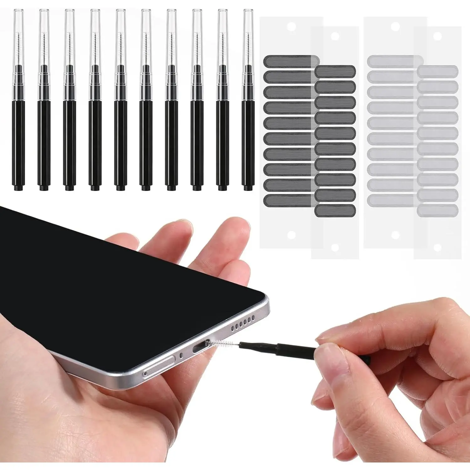 Durable Synthetic Phone & Camera Cleaning Kit – 10-Count Charge Port Tools, 40-Count Speaker Mesh Covers for USB-C Devices (15/16/17), Anti-Clogging Brushes for Smartphones, Tablets, Black
