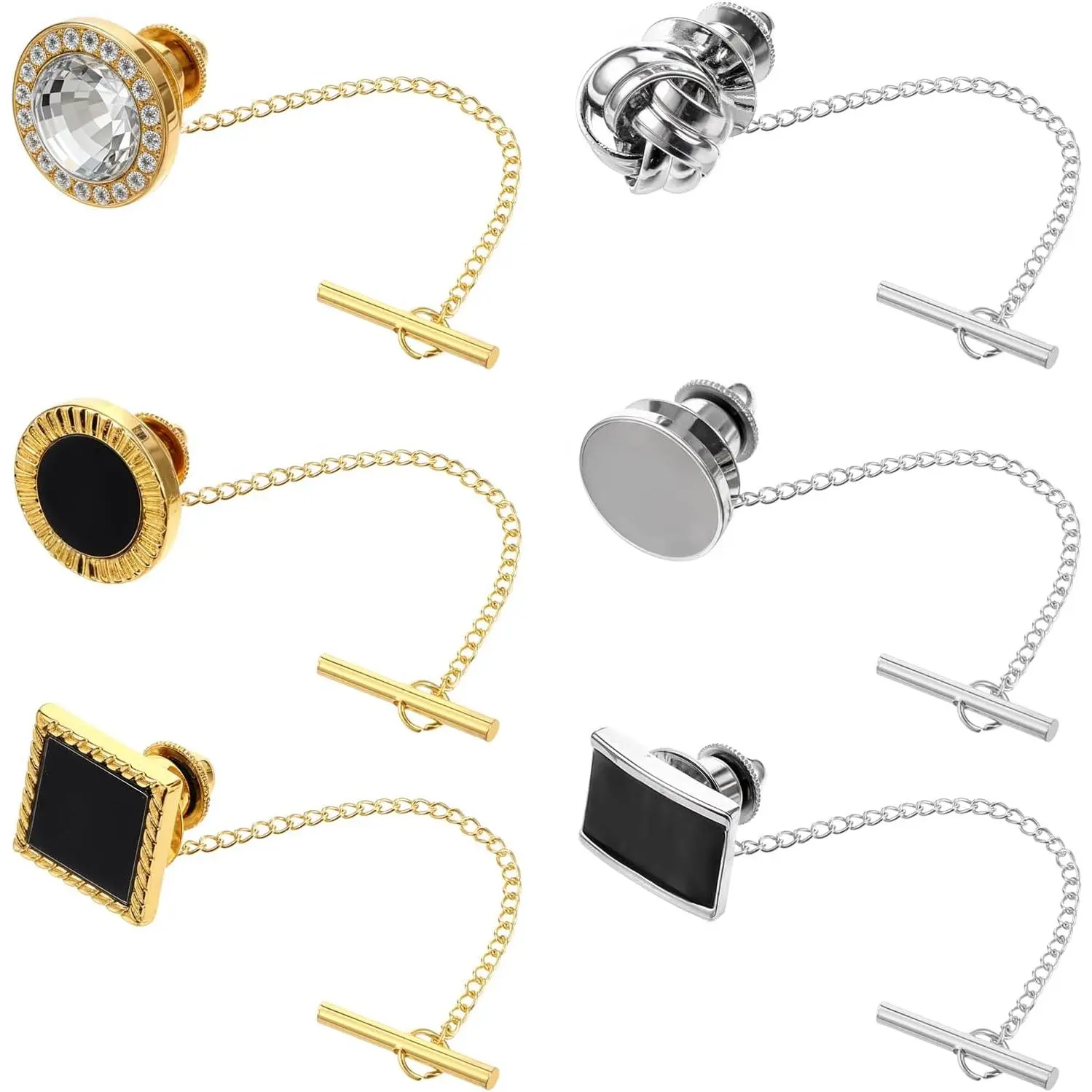 6 Pcs Tie Tack for Men Copper Tack Clutch with Chain Tie Clip Suit Accessories Regular Tie Chain Necktie Lapel Pins for Business Hat Wedding Birthday