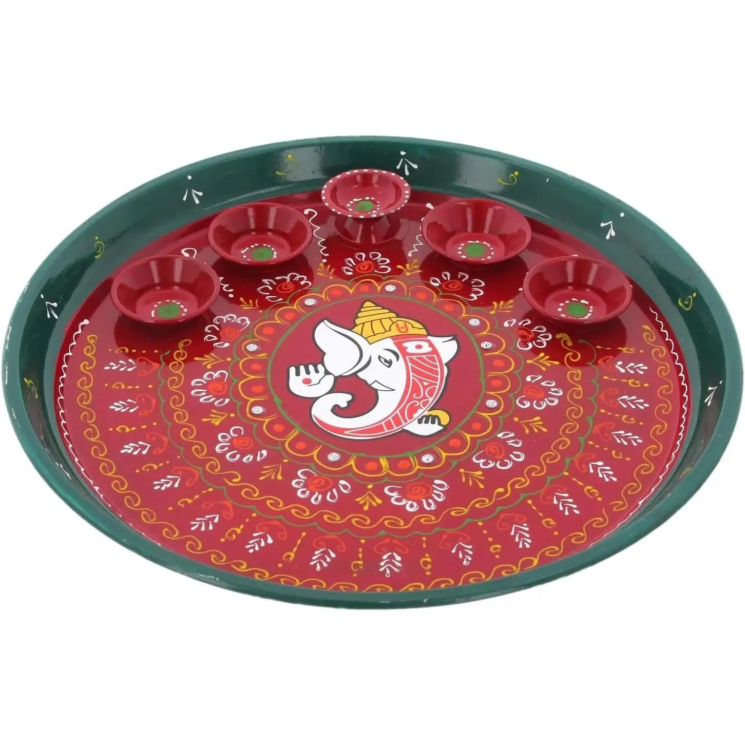 Decorative Pooja Thali Thalis with Bowls Diya Plate Platter Stainless Steel Puja Thali with Ganesha Design Housewarming Pooja Articles Aarti Pooja Indian Traditional Festival (Size:-10")(Red, Green)