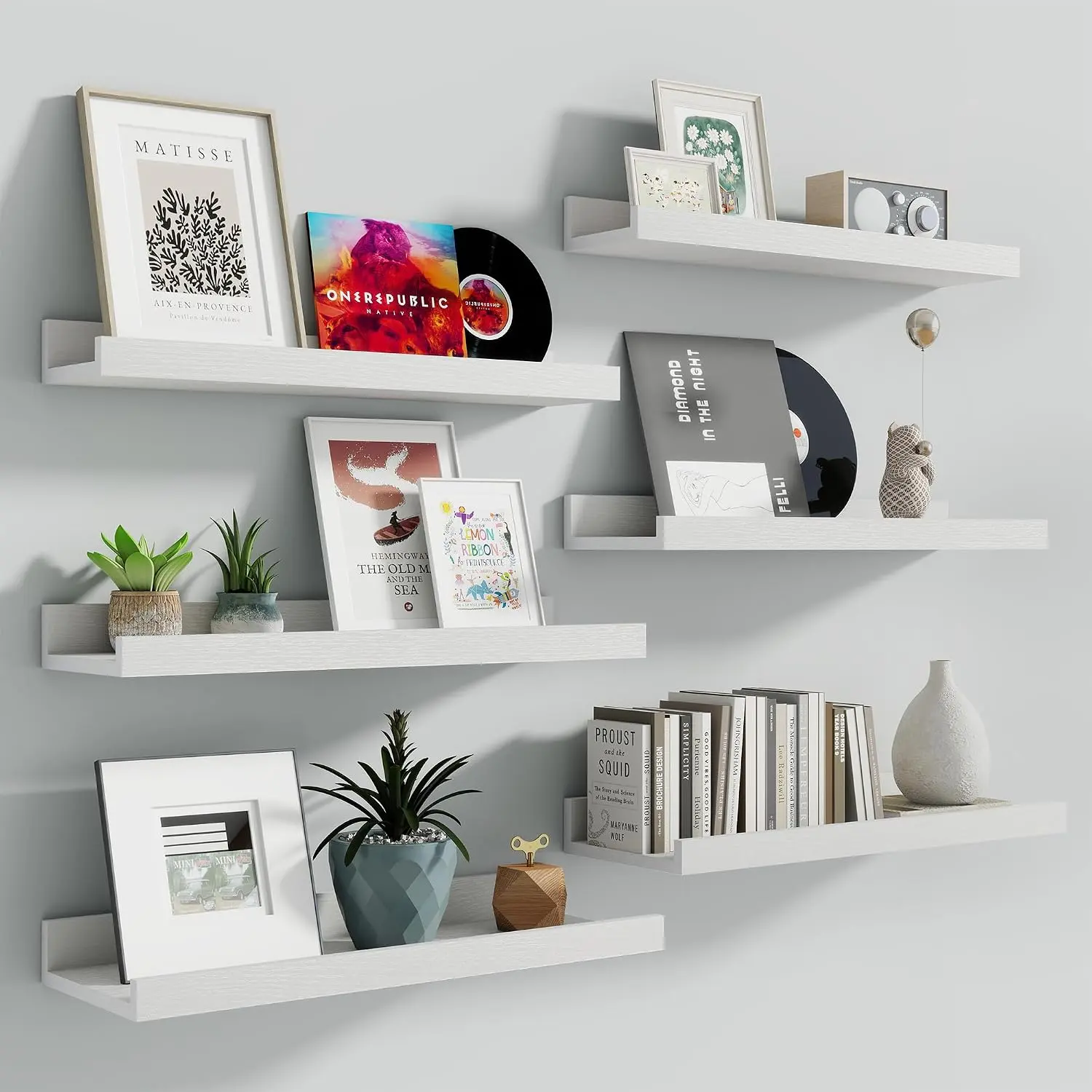 Fun Memories Picture Ledge Shelf, 16 Inch Long Floating Shelves Set of 6, Picture Shelf for Wall with Lip, Large Nursery Book Shelves for Storage, Wall Shelves for Living Room Bedroom Kitchen, White