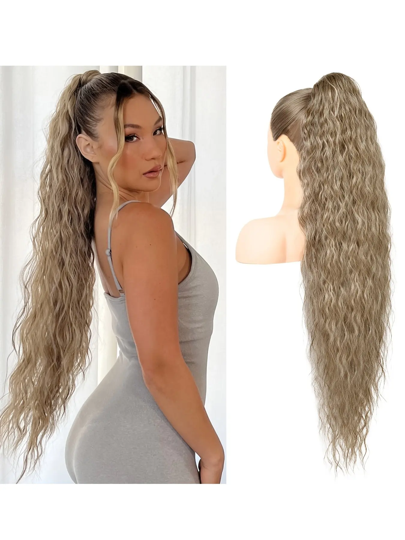 34 Inch Long Wavy Drawstring Ponytail Extension, Ash Blonde Highlight Synthetic Hairpiece for Women, Instant Volume and Length