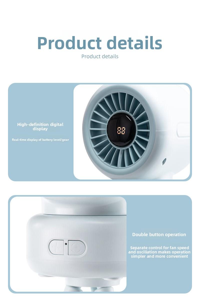 New baby stroller fan with oscillating head, octopus clamp for baby stroller, portable desktop rechargeable mini clip fan