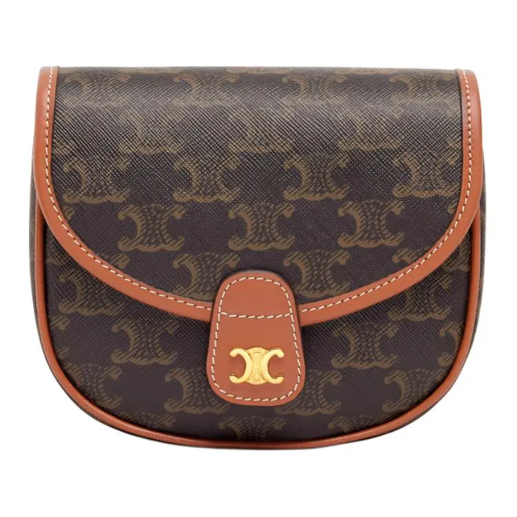 Celine Besace Monogram Mini Crossbody Bag for Women, Tan Leather with Flap Closure