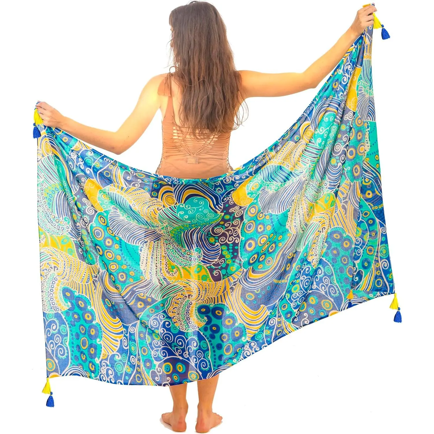 Women's Smooth Silky Cotton Long Sarong - Bikini Swimsuit Beach Cover Up, Wrap Skirt, Tapestry Wall Hanging, Tropical, Loose Fit, Picnic, Sleeveless, 72X48 Inches, Machine Wash, Hand Printed, Casual, Comfortable, Sarongs, Multi-Use