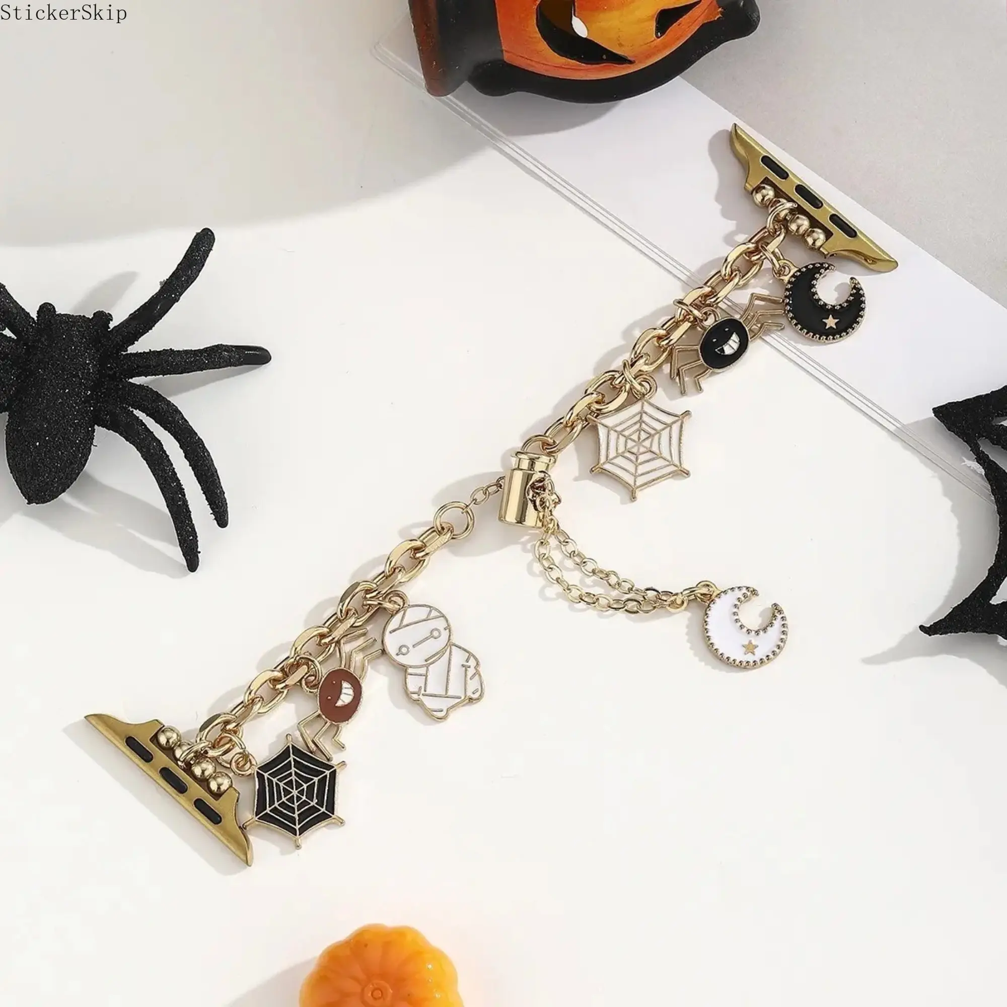 Cute Gothic Halloween Dangle Chain Apple Watch Band, Spider Web Mummy Moon Enamel Charm Jewelry Bracelet Compatible with All Size Apple Watch Ultra 2 SE Series 1-11, Girly Fashion Accessory for Holiday Outfits (Band Only, Not For Sports)