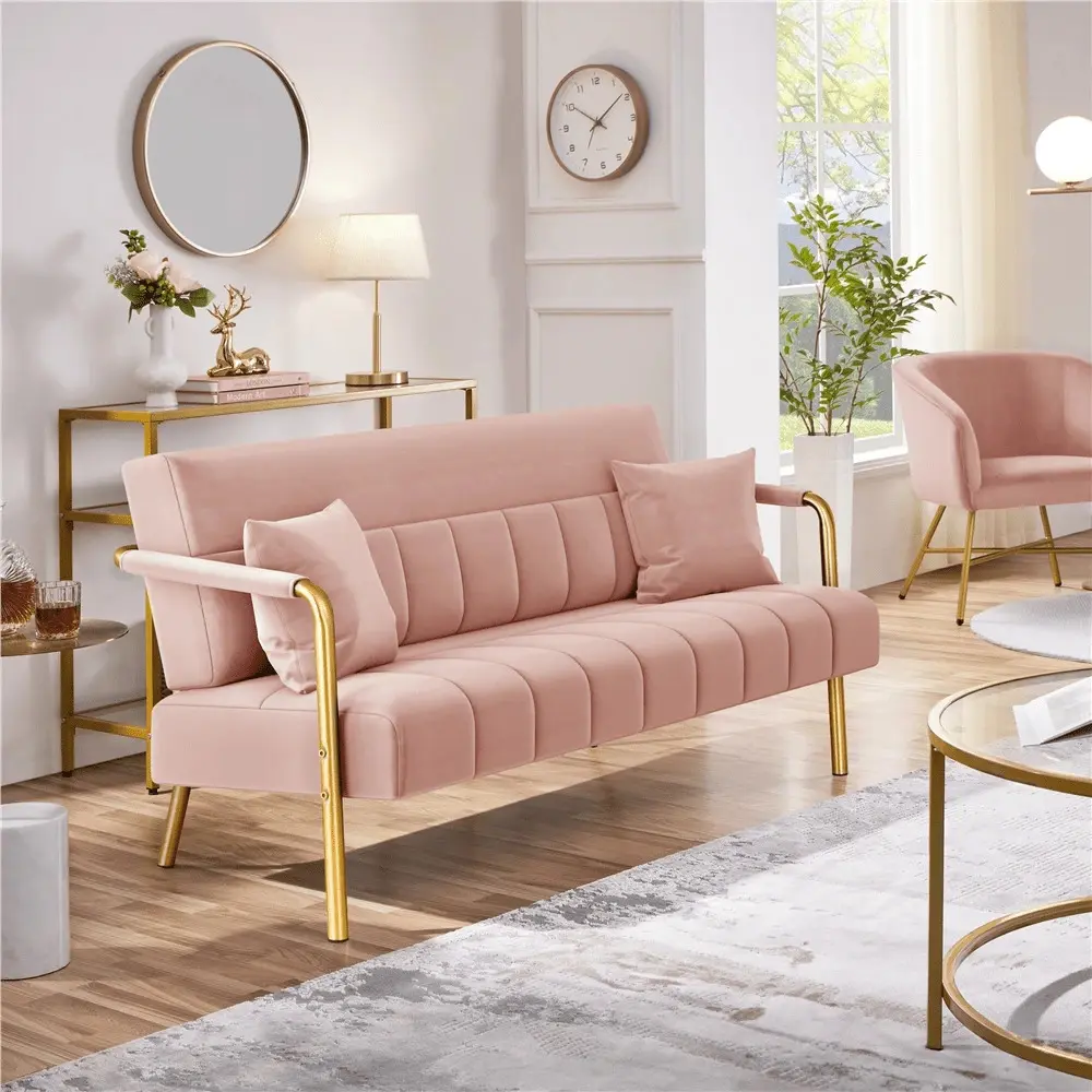 1pc Velvet Upholstered Sofa Couch, Chic Sofa With Mid-Height Backrest, Elegant Loveseat With Gold-Tone Metal Legs For Bedroom, Studio, Office