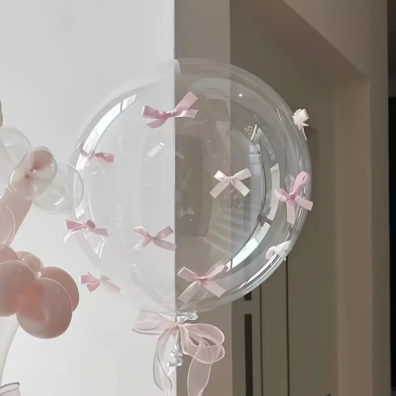 1 set of transparent inflatable balloons with pink bow ribbon -12 inch round Party Balloons Decorations suitable for weddings, baby parties, and Christmas parties - transparent pink helium filled balloons