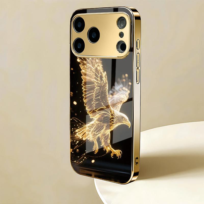 Mobile phone case: Fashionable golden eagle pattern mobile phone case, anti-fall hard case, fashionable electroplated glass.Suitable for iPhone and Samsung iPhone 17 16 15 14 13 12 11 Pro Max and Samsung Galaxy S20 S21 S22 S23 S24 S25 S26 Plus Ultra FE