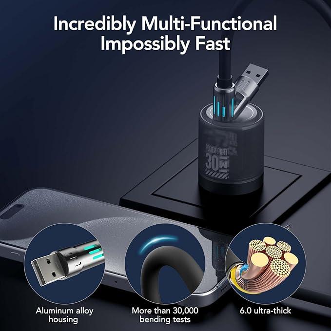 2-Pack 1M Black 4-in-1 High-Speed USB Charger Cables with Breathing Light - Universal Fit for iPhone 16/15/14/13/12/11 Pro Max, iPad, Samsung Galaxy, MacBook & Most Tablets