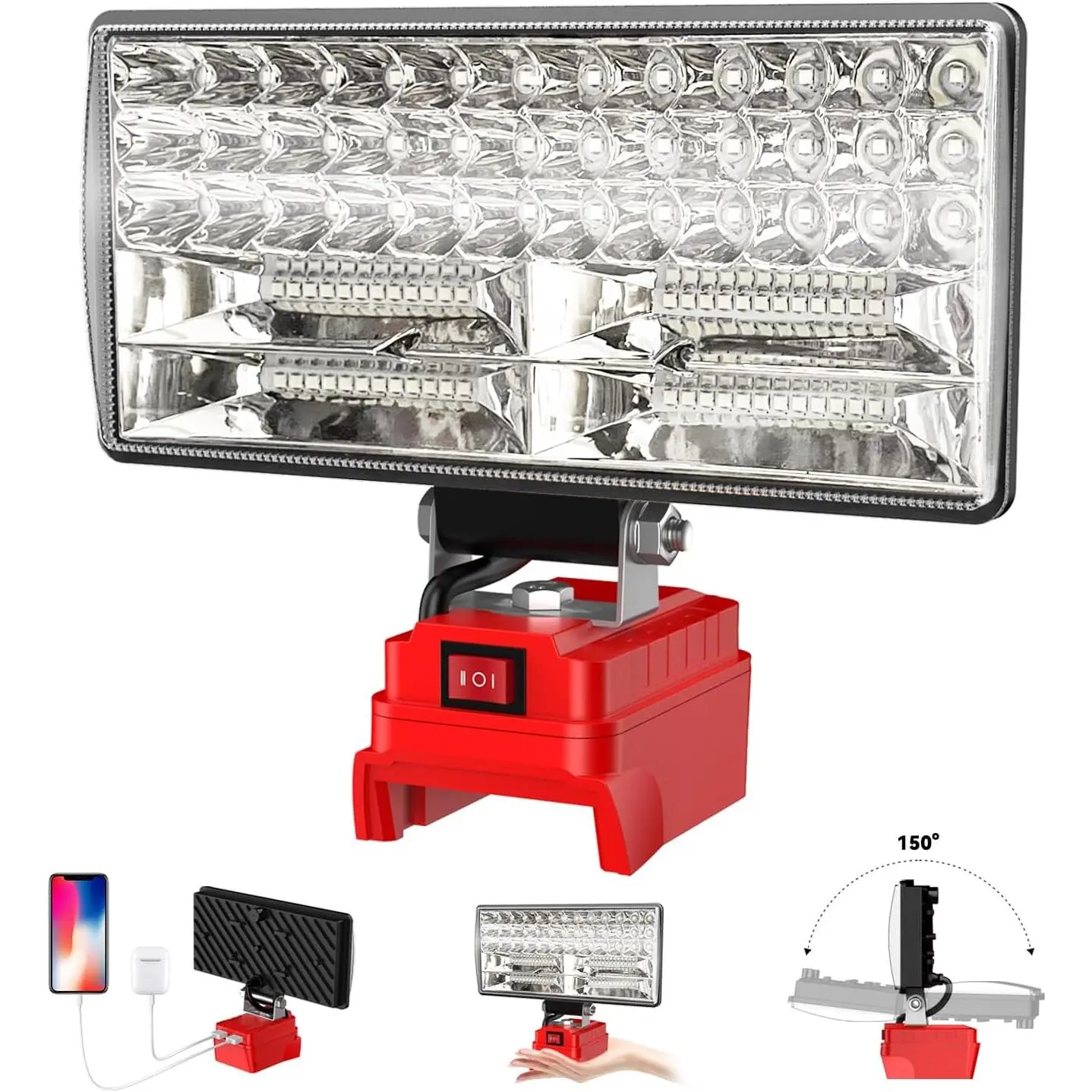 8" Cordless LED Work Light for Milwaukee M18 Battery, Two Levels Adjustable FloodLight up to 90W 5400 Lumens with USB Charging Port, Portable LED Flashlight for Work, Camping, Outdoor(No Battery)