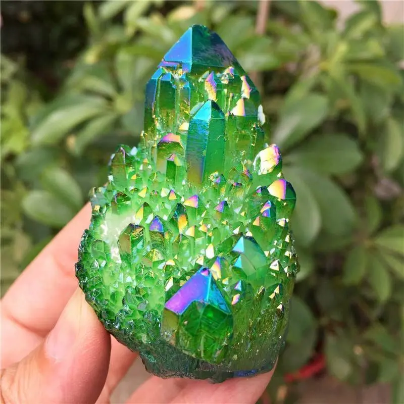 Natural Random Green Aura Titanium Crystal Quartz Cluster VUG Specimen, Natural Crystal Cluster Rough, Crystal Trophy, Crystal, Special Upscale Office Home Decoration Quartz, Independence Day, Pride Holiday Creative Gift Jewelry Ornament