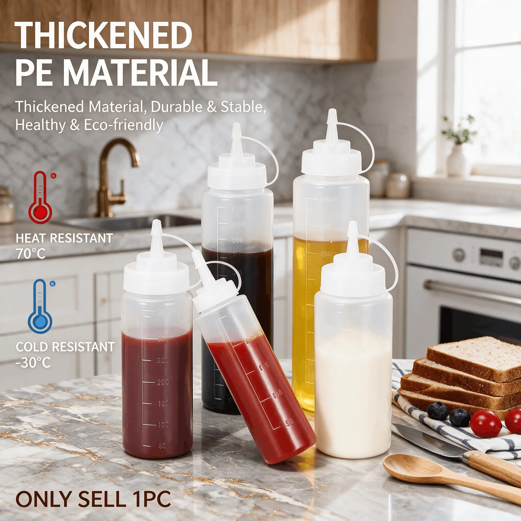 Durable thick PE squeeze bottles for all condiments! Heat & cold resistant with clear measuring scale, leak & dust proof cap. Perfect for ketchup, honey, salad oil, dressings & baking.