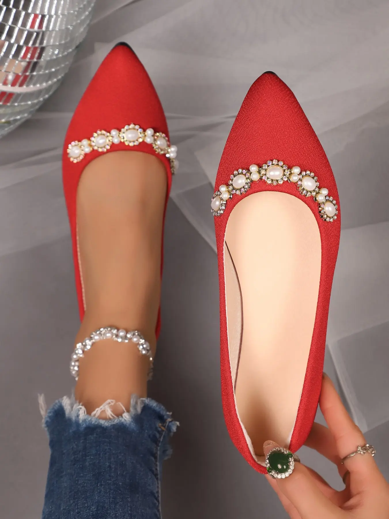 Elegant Pearl Rhinestone Pointed Toe Flat Shoes, Slip-On Ballet Flats for Weddings and Office, Comfortable Daily Wear Women's Footwear