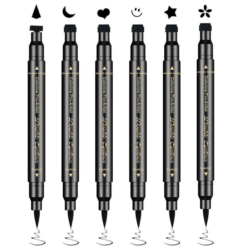 6PCS Double-Ended Waterproof Eyeliner Stamp Cosmetic Set - Multiple Patterned Stamps (Smiley, Triangle, Heart, Star, Moon, Flower) for Creative Eye Makeup, Toning Yoga & Pilates Leisure Use