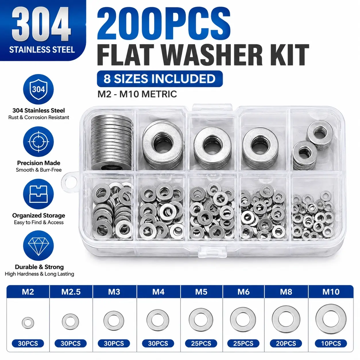 200PCS 304 Stainless Steel Flat Washer Assortment Kit, 8 Metric Sizes M2-M10, Precision Flat Washers with Storage Box for DIY, Furniture, Automotive & Home Repair