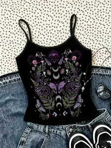 1 girl's black mysterious moon phase snake and butterfly print thin shoulder strap tank top, Y2K pleated slim fit tank top, adjustable thin shoulder straps, soft and elastic fabric, sleeveless layered inner vest