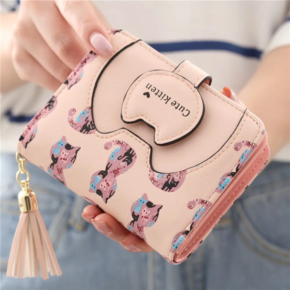 Women's Cute Cartoon Kitten Print Short Fold Wallet - Mini Purse-Shaped, Character Style, Cute Animal Face - Cat Snap Button, Tassel, Zipper Multi-Card Holder for Girls, Mini Purse-Shaped Women's Wallets, Character Style Women's Wallets
