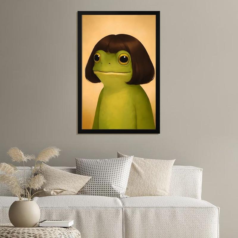 wooden frame Whimsical Frog Portrait Art With Bob Haircut (Frame)- Funny Animal Wall Art Poster Black Or Gold Framed Acrylic Wall Hanging Painting Canvas Painting Wall Painting Canvas Poster Decorative Painting Hallway Home Decoration