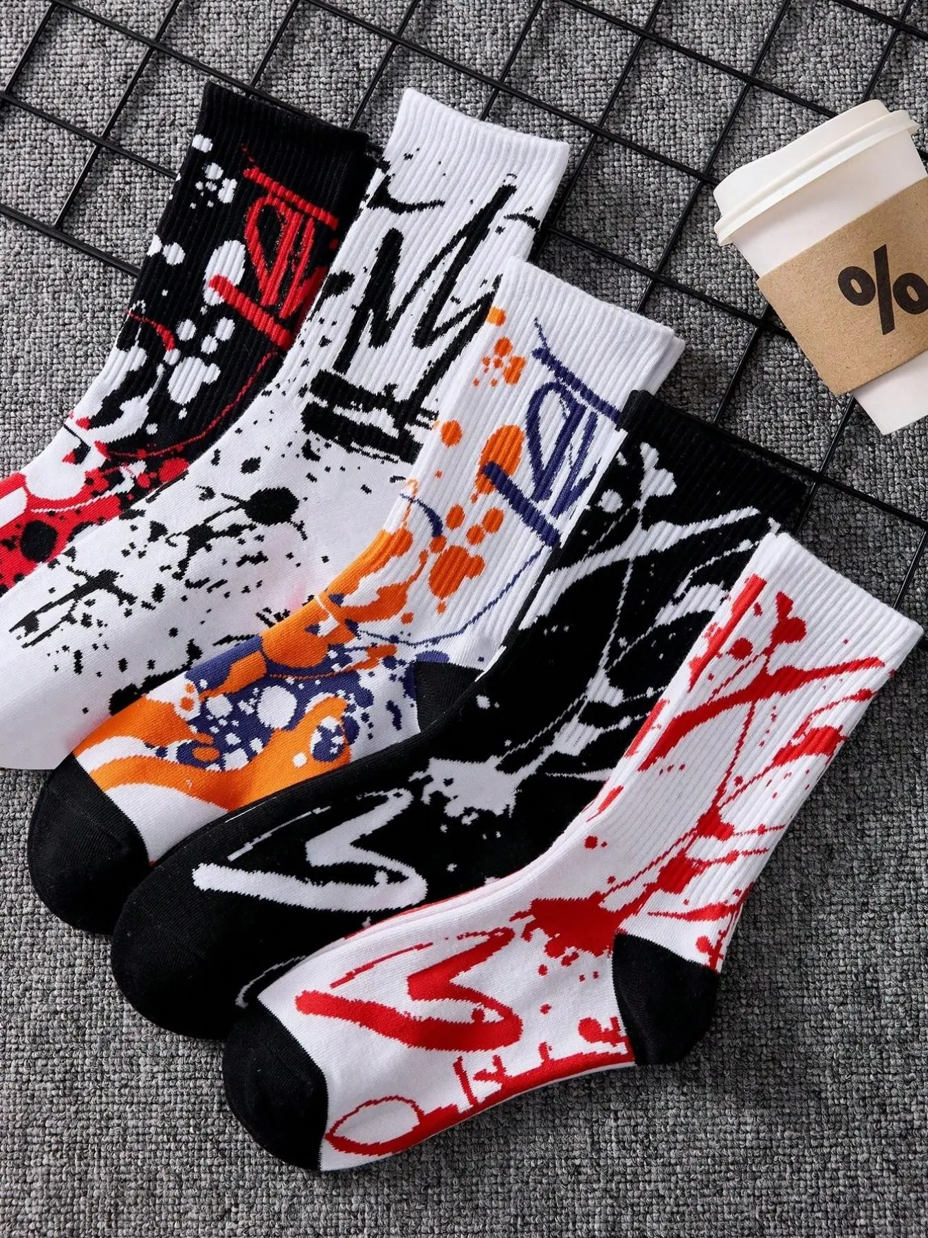 5 Pairs Men's Crew Socks, Colorful Street Style Cartoon Pattern, Comfortable Soft Warm High Top Socks, Random Colors, Daily Wear