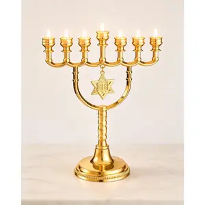 Gold 7 Branch Hanukkah Menorah Candle Holder with Traditional Star Brass 7 Arm Jewish Candlestick Holder for Chanukah Shabbat - 6.8 inches