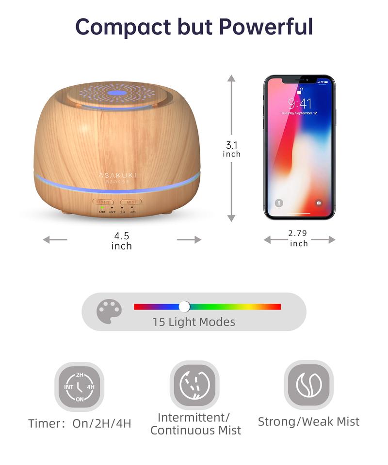 ASAKUKI Essential Oil Diffuser+10 Oil Set for Home&Office, Fragrance Aroma Humidifier, Night Light, Auto-Off Remote Control Freshener - 300ML Woody Flower Scented Perfume White Fall Home Decor