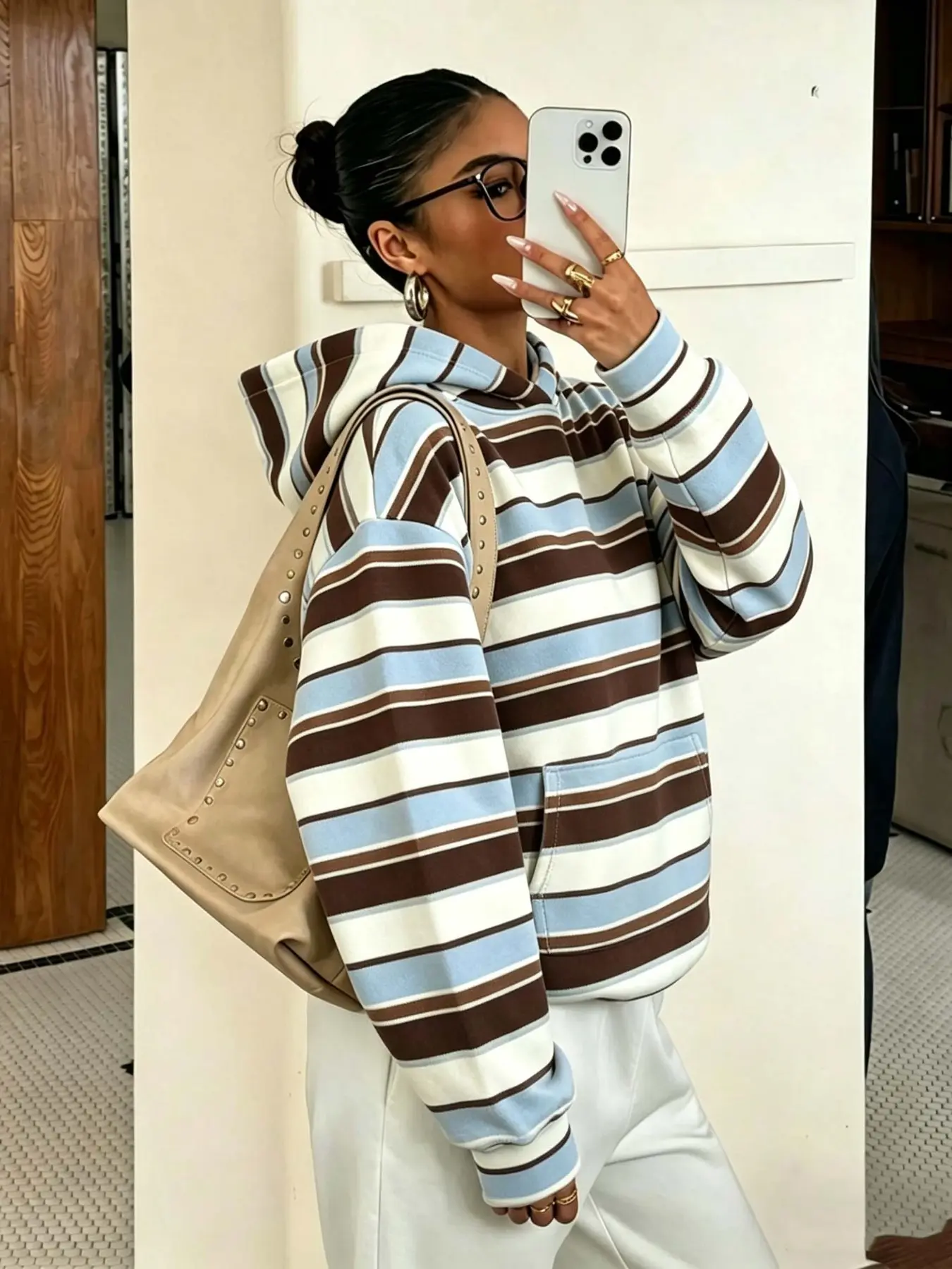 Vintage Colorblock Striped Hoodie Women, Casual, Blue Wide Stripes, Loose Fit, Adjustable Drawstring, Soft Knit Fabric, Fall & Winter