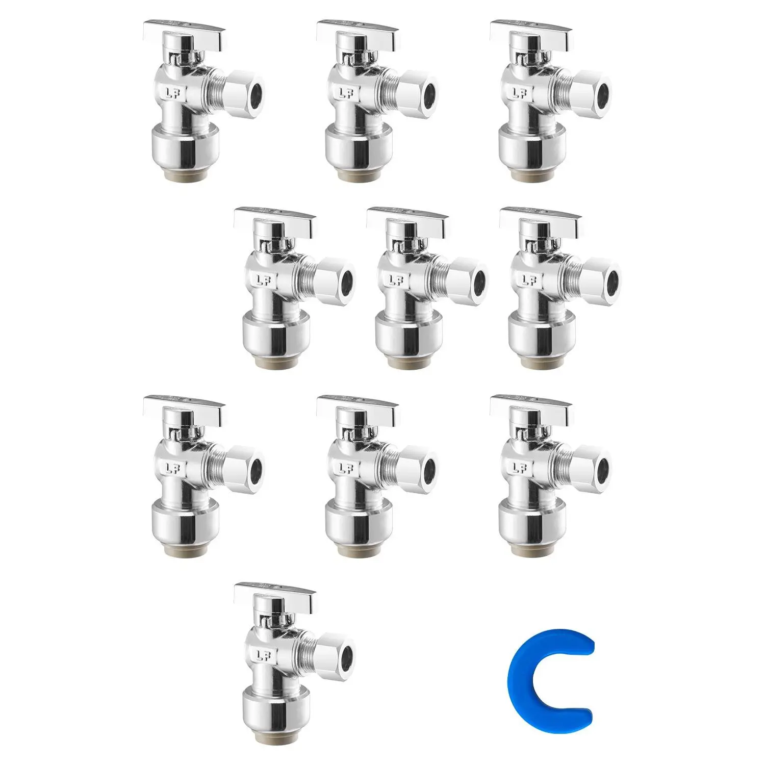 【DealsForYouDays】VEVOR 10 Pack Angle Stop Valve, Push-to-Connect Water Shut Off Valve 1/2" PTCx 3/8" OD Compression, 1/4 Turn Chrome Plated Brass Shutoff Valves for Copper, CPVC, PE-RT, PEX Pipe
