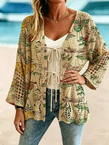 Elegant Women's Cartoon Animal Rabbit Floral Fruit Strawberry Print Long Sleeve Knit Cardigan, Breathable Casual Knit Sweater, Spring Summer Fall Clothing