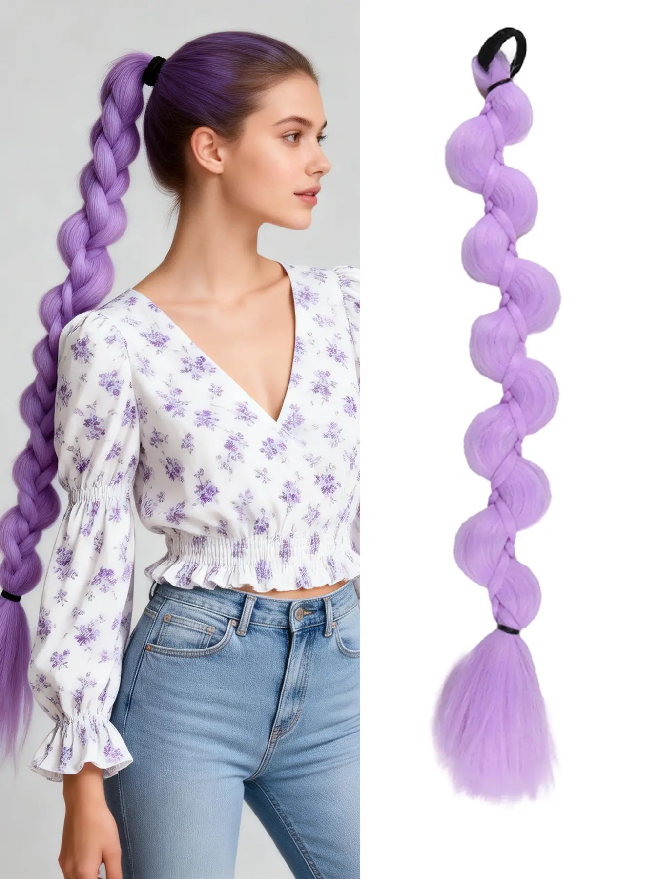 18-inch silky wrap-around lantern-style ponytail extension with an elastic hair tie; made from high-temperature synthetic fiber. Suitable for daily wear, gatherings, parties, cosplay, and carnivals. Available in purple, pink, green, and blue.