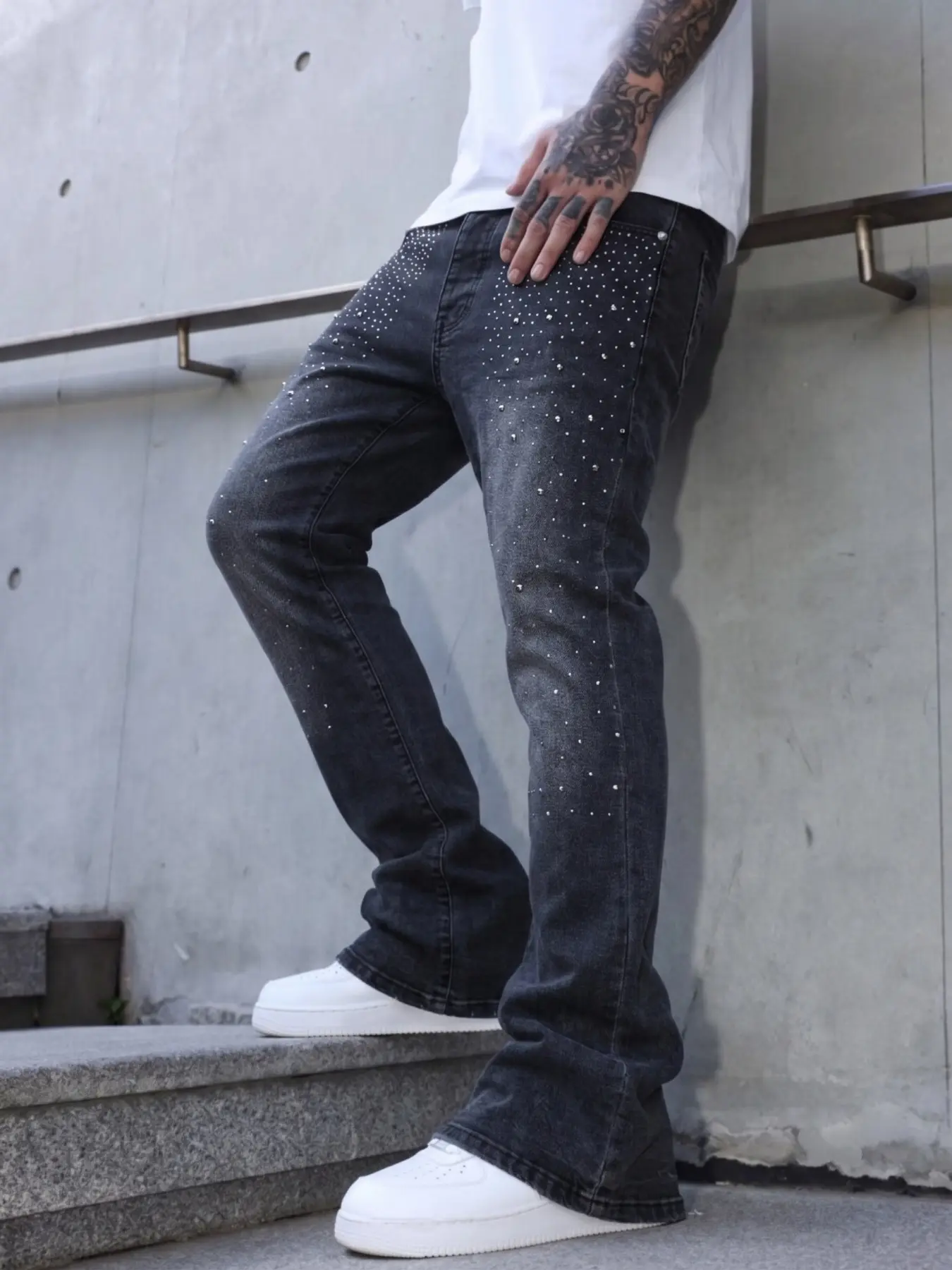 Vintage Faded Ombre Rhinestone Scattered Flare Jeans, Men's Elastic Slim Fit Bell Bottom Denim Jeans, Y2K Gothic Street Casual Pants