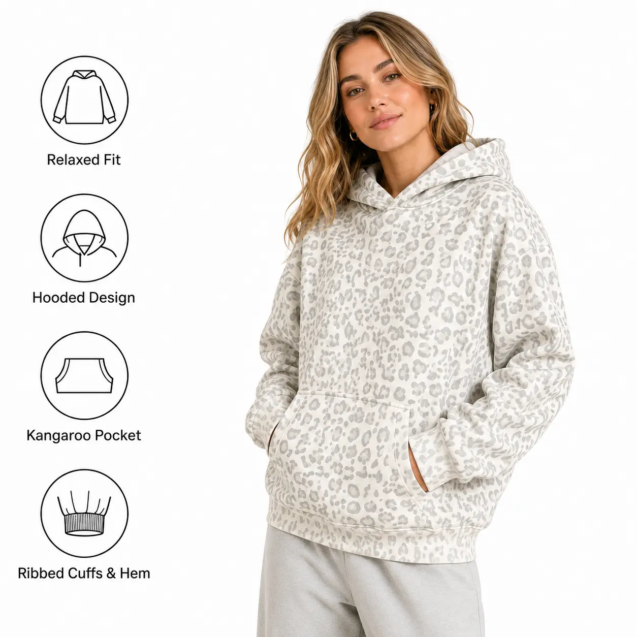 Women's Leopard Print Relaxed Fit Hoodie, Drop Shoulder Long Sleeve Pullover Sweatshirt with Kangaroo Pocket, Casual Animal Print Streetwear
