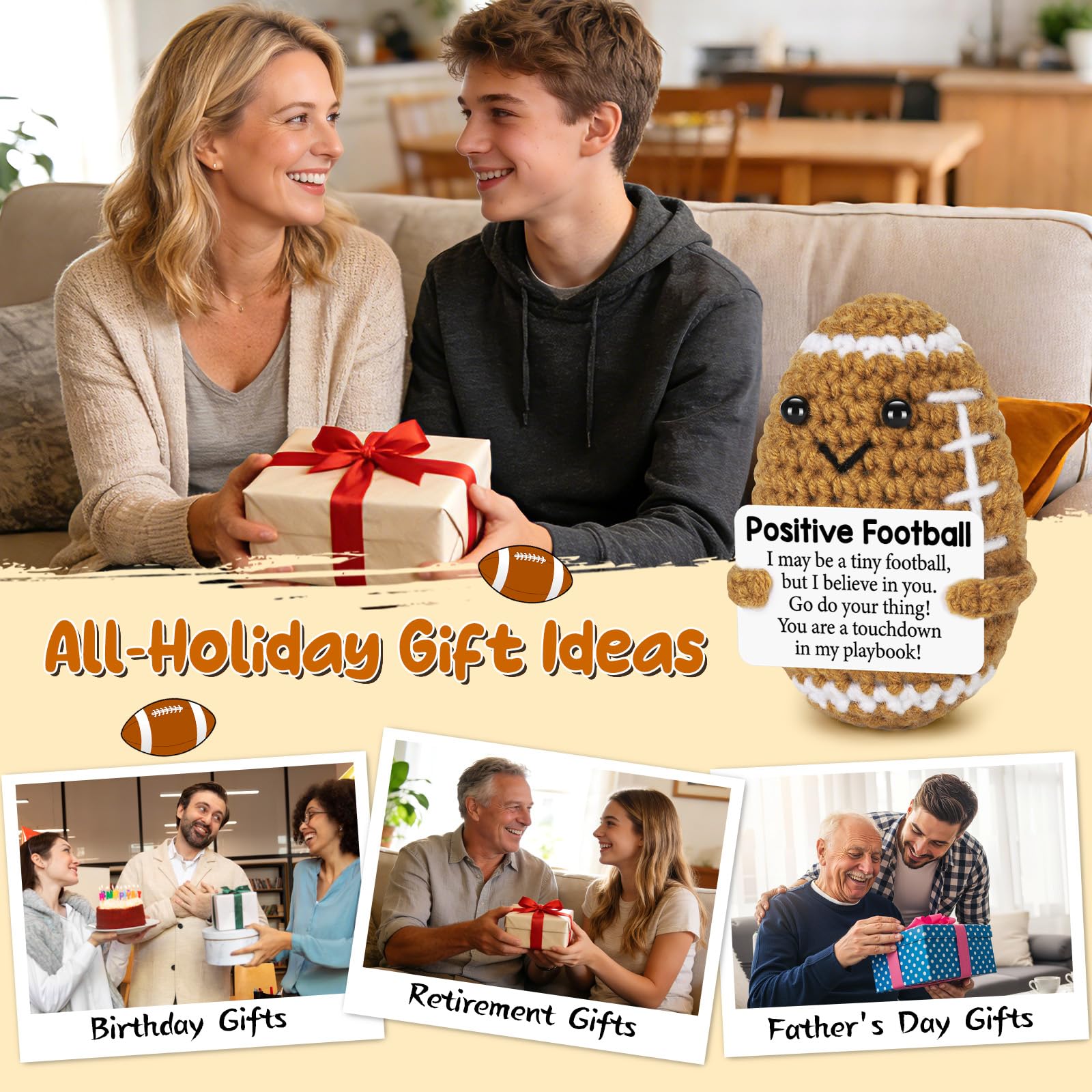 Adorable Hand Crochet Football Stuffed Toy Emotional Support Plush,Full Filling Soft No Odor Durable Colorfast,Perfect Birthday Gifts Teacher Appreciation Gifts For Women Men Him,Home Decor Desk Ornament Bag Pendant Healing Gift For Holiday Party Graduati