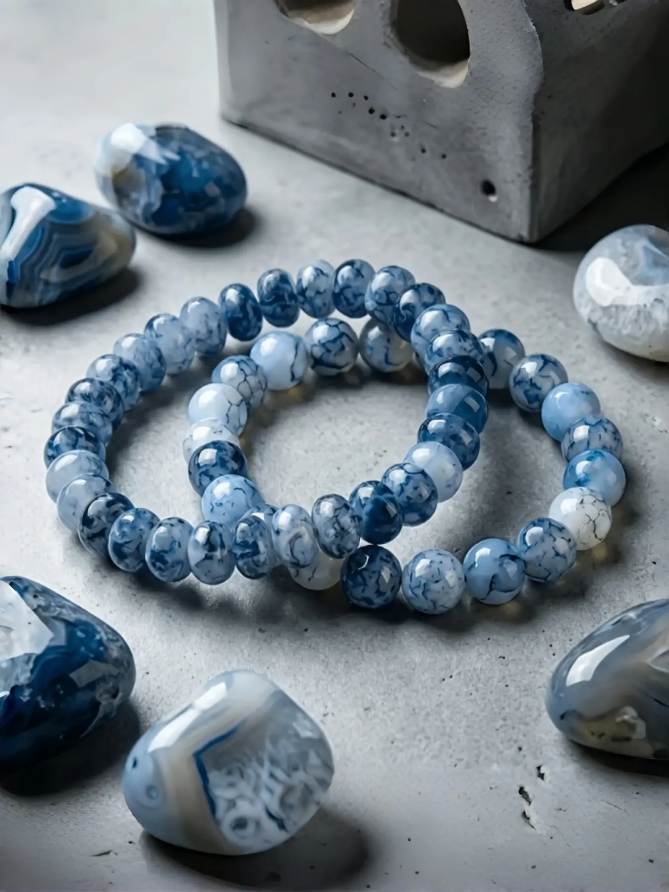 Blue Spotted Agate Beads, 2pcs Oval & Round Elastic Exquisite High Quality Bracelet, Handmade Valentine's Day, Christmas, Anniversary Gift