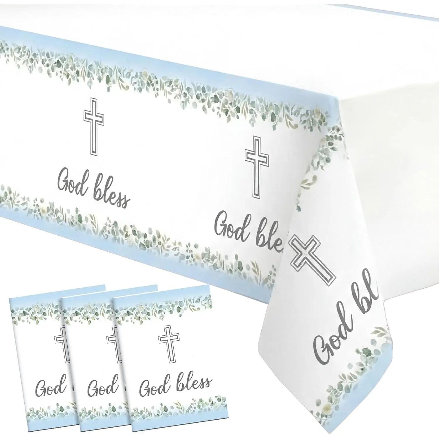3 Pcs God Bless Baptism Tablecloths 54 x 108 Inch Greenery First Communion Holy Tablecloth Cross Disposable Table Cover Christening Religious Decor for Shower Party Supplies