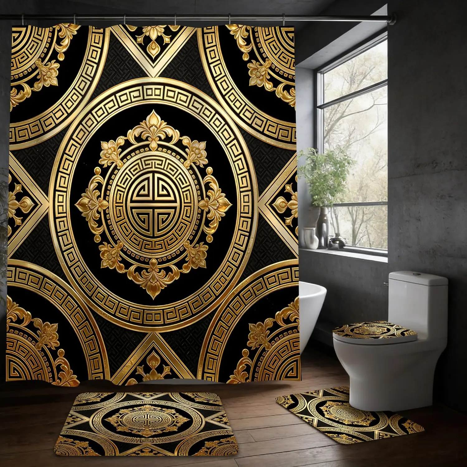 Luxury 4 Pcs Black & Gold Shower Curtain Set, Damascus Pattern Waterproof Bathroom Decor Kit (Shower Curtain + Bath Rugs + Toilet Lid Cover + Hooks), Elegant Vintage Curtain for Bathroom